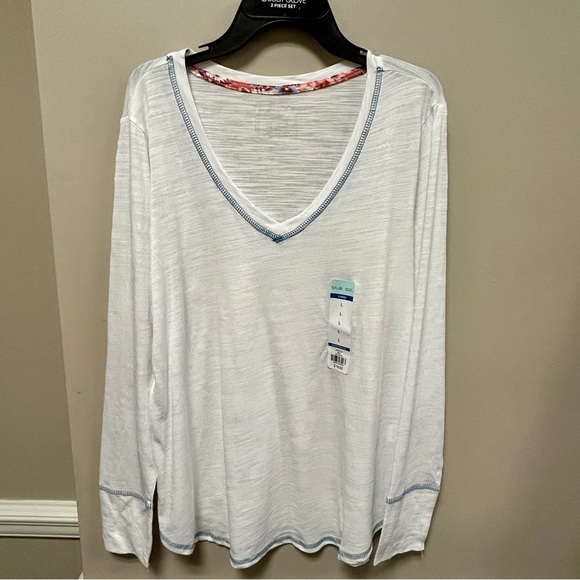 White V-Neck Long Sleeve Top with Blue Trim Sz L Blue Sol NWT - Picture 1 of 3